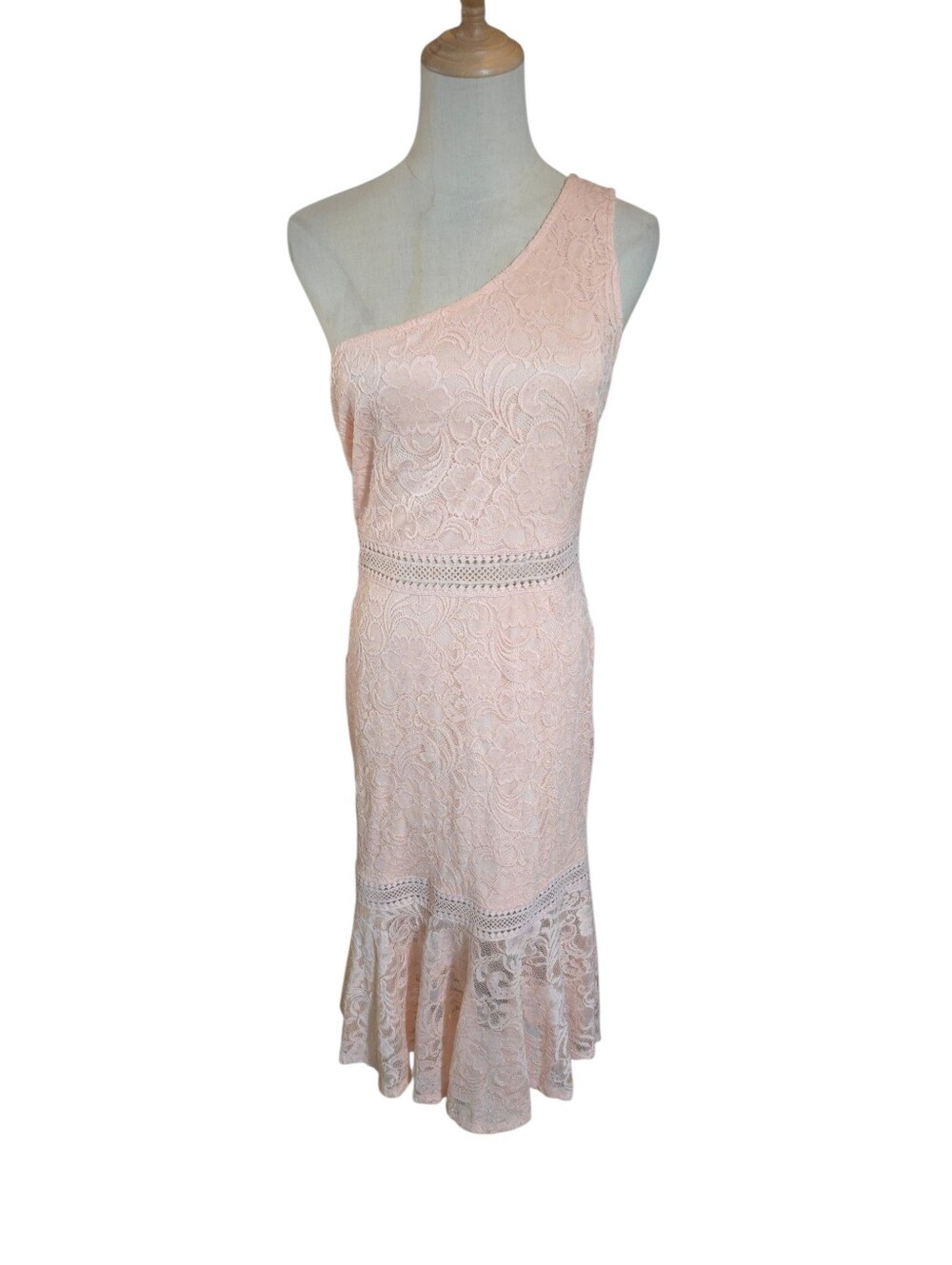 VENUS One-Shoulder Blush Romantic Lace Midi Dress with Ruffled Hem
